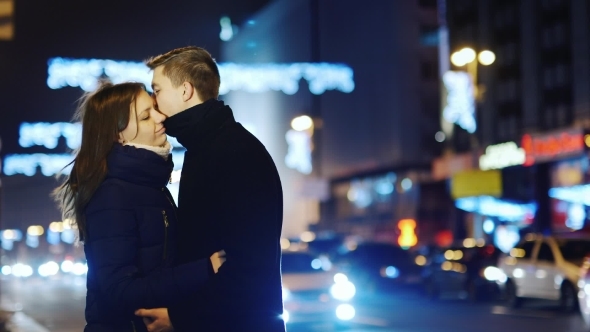 Couple In Love On The Background Of Night Traffic alt