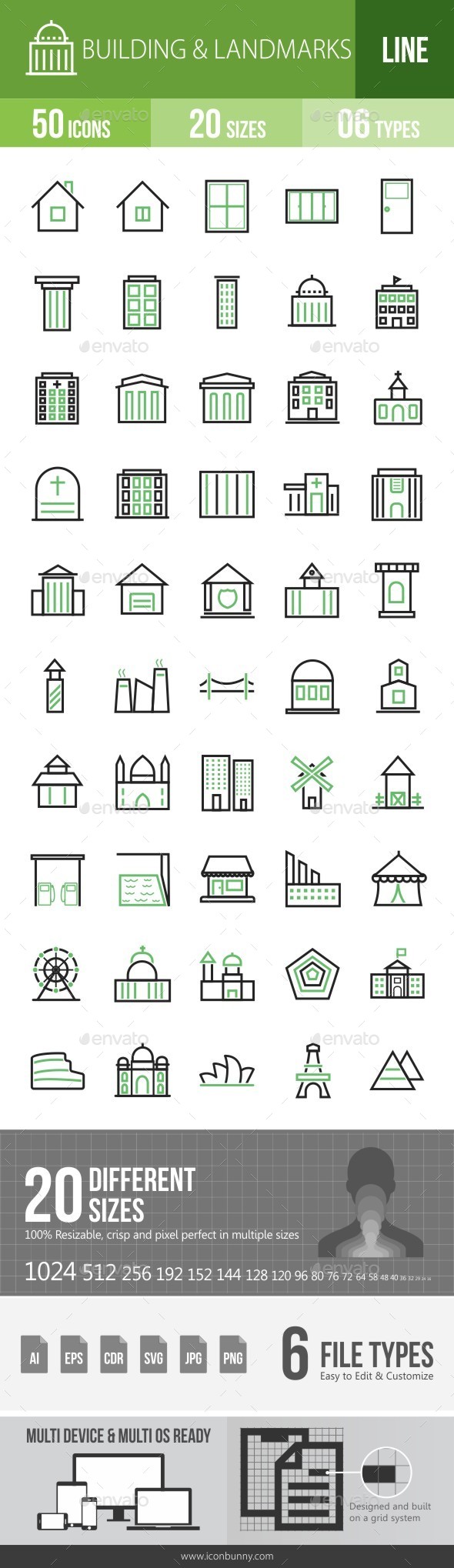 Buildings & Landmarks Green & Black Icons - Icons