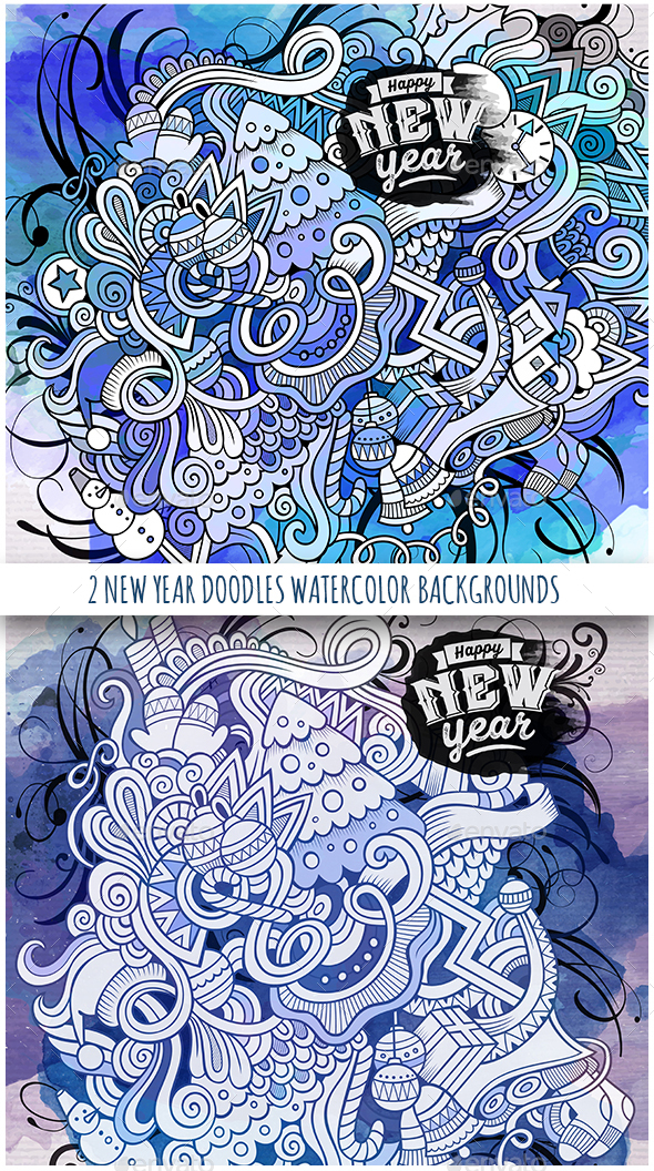 New Year Watercolor Doodles Designs - New Year Seasons/Holidays