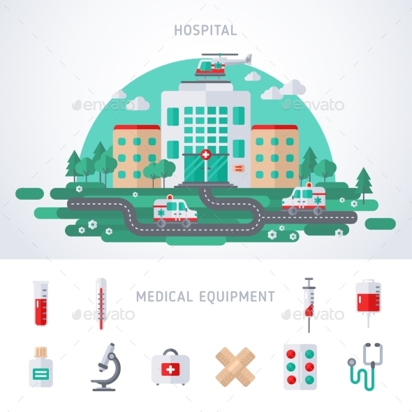 City Hospital Building with Helicopter - Health/Medicine Conceptual