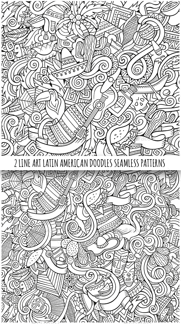 2 Latin American Doodles Seamless Patterns - Travel Conceptual