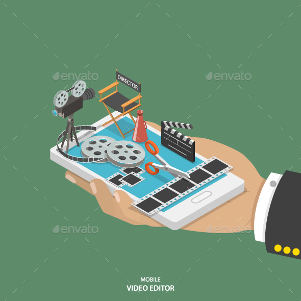 Mobile Video Editor Flat Isometric Vector Concept - Computers Technology