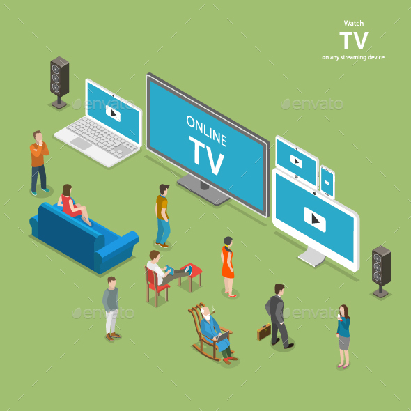 Streaming TV Isometric Flat Vector Illustration - Computers Technology