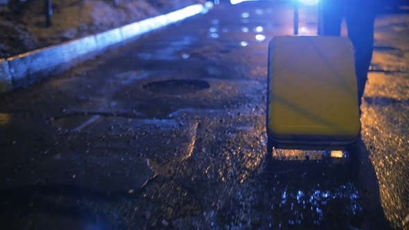 Walking Alone With Trolley Bag At Night alt