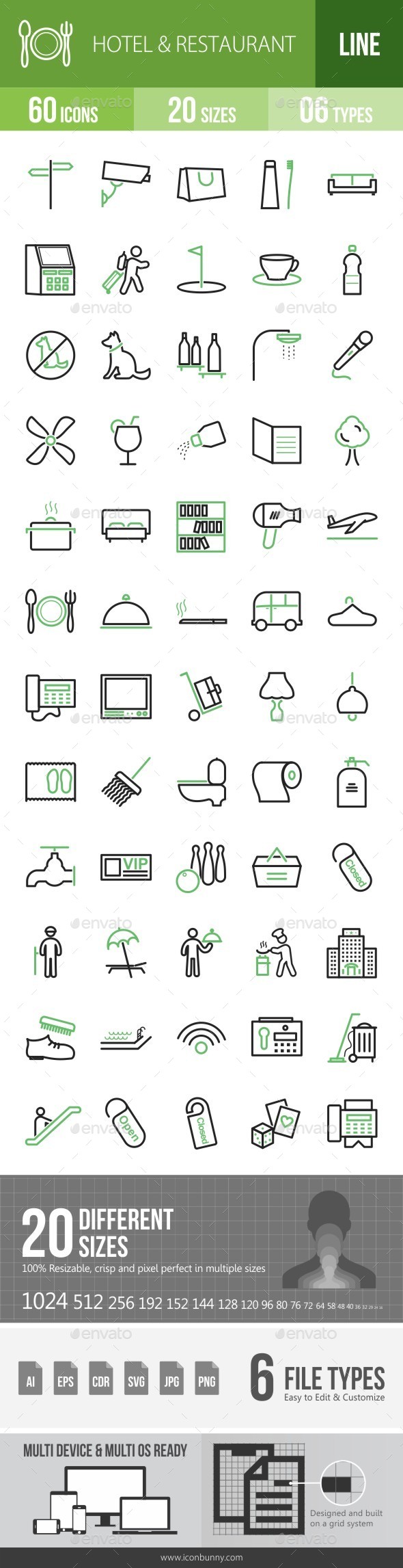 Hotel & Restaurant Green & Black Icons - Icons