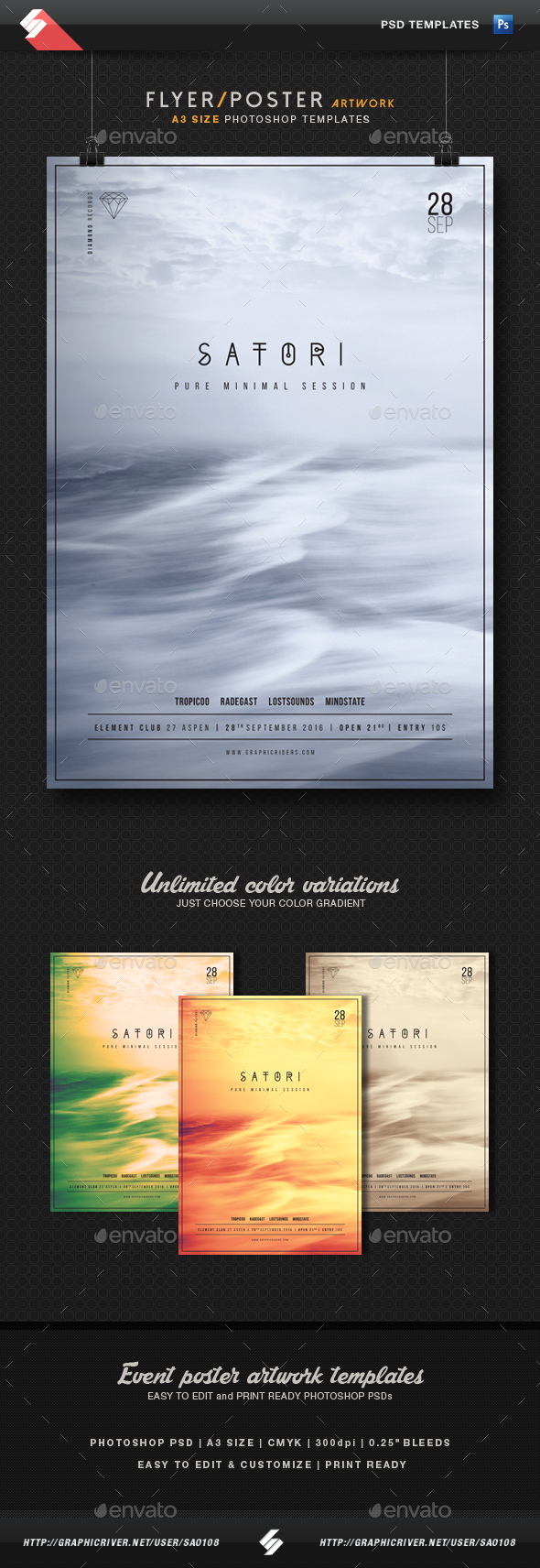 Satori - Minimal Party Flyer Template A3 - Clubs & Parties Events