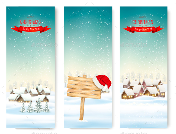 Holiday Christmas Banners with Villages and Wooden Sign - Christmas Seasons/Holidays