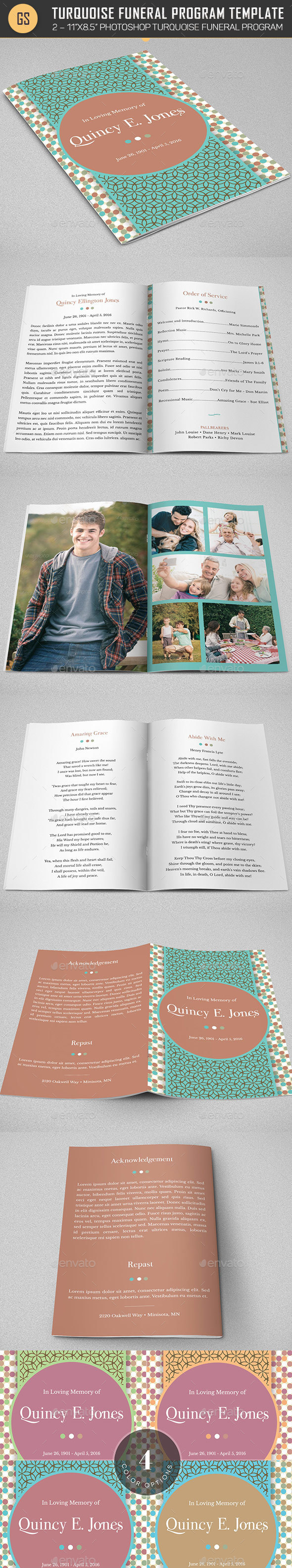 Turquoise Bi-fold Funeral Program Template - Informational Brochures
