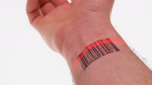 the Scanner Scans the Wrist of a Person with a Barcode Labeled Patient 666 alt