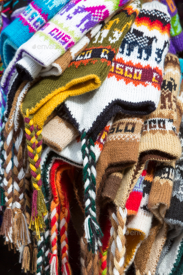 Group of colored Peruvian snow cap for sale at the Cusco market.
