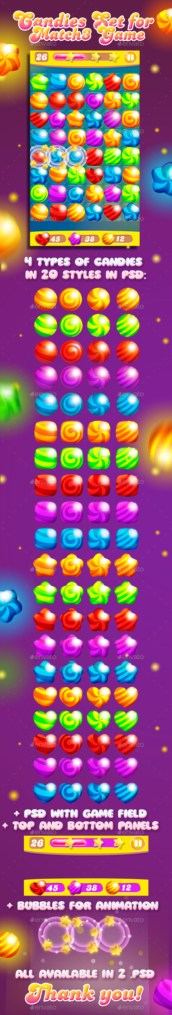 Big Match-3 Puzzle Game Gems Set - Game Kits Game Assets