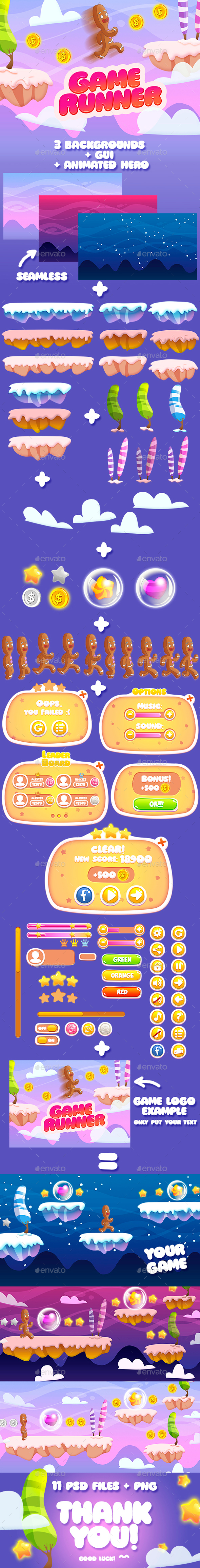 2D Infinity Runner Game Set (Full Version: Background, GUI and Animated Character ) - Game Kits Game Assets