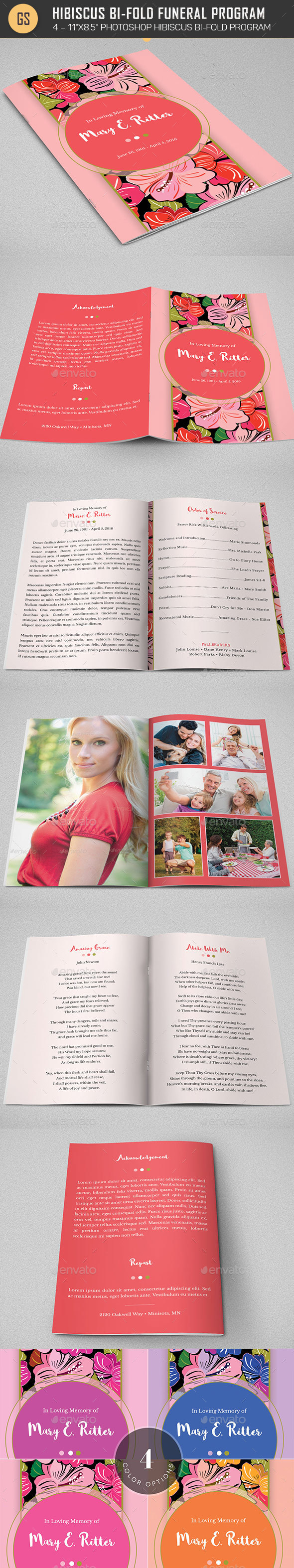 Hibiscus Bi-Fold Funeral Program Template - Informational Brochures