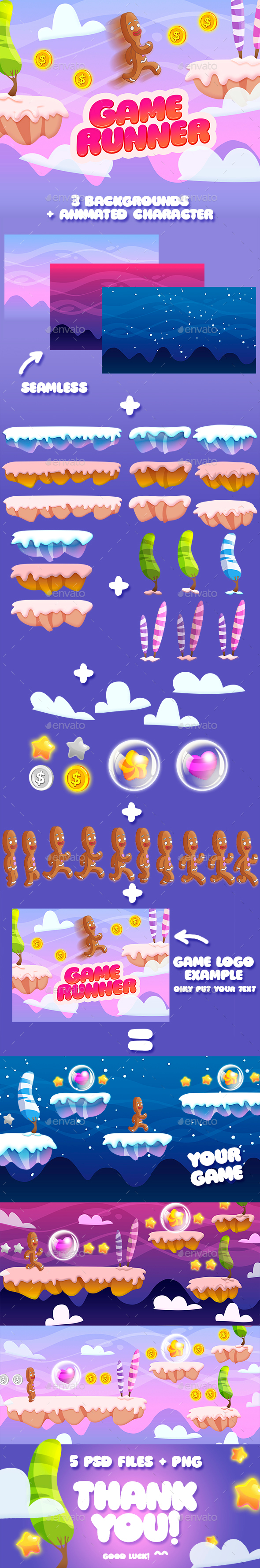 2D Game Runner Platformer Asset with 3 Seamless Background - Game Kits Game Assets