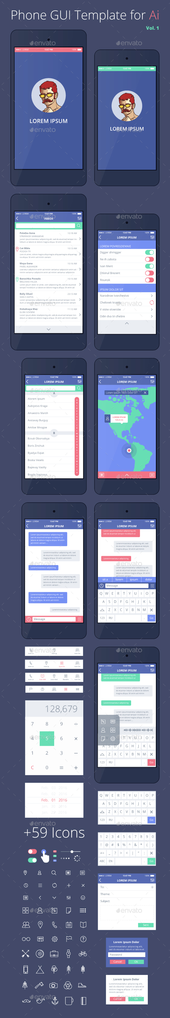 Phone GUI Template for Ai Wireframe UI Kit - Communications Technology