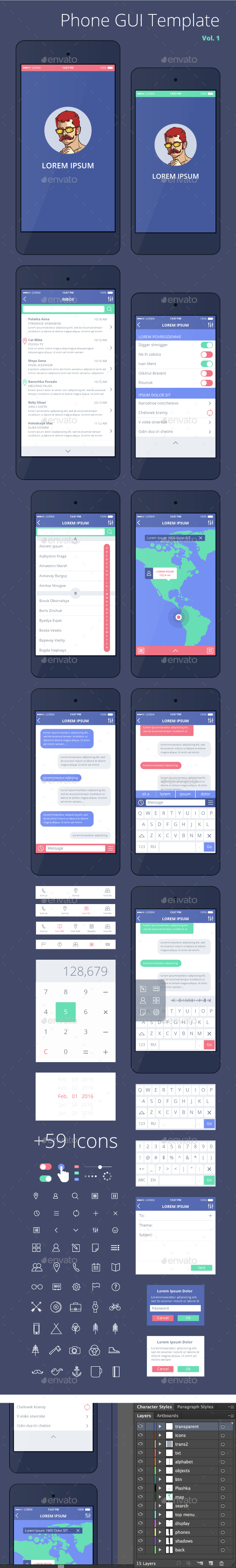 Phone GUI Template for Ai. Wireframe UI Kit. - User Interfaces Web Elements