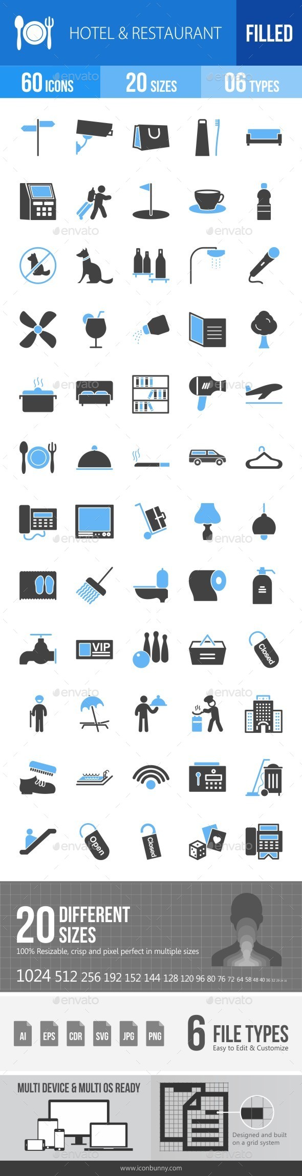 Hotel & Restaurant Blue & Black Icons - Icons