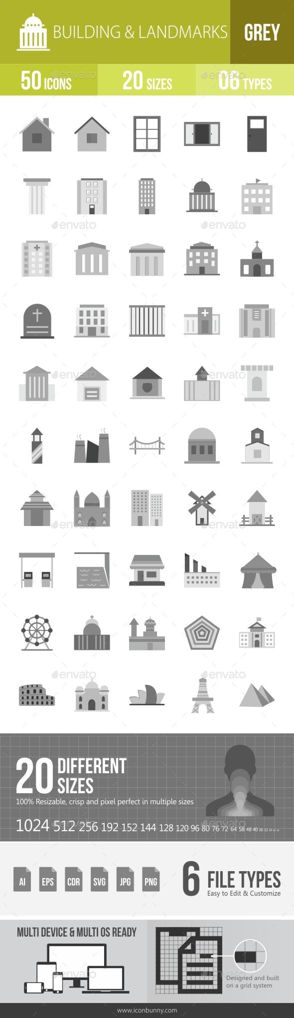 Buildings & Landmarks Greyscale Icons - Icons