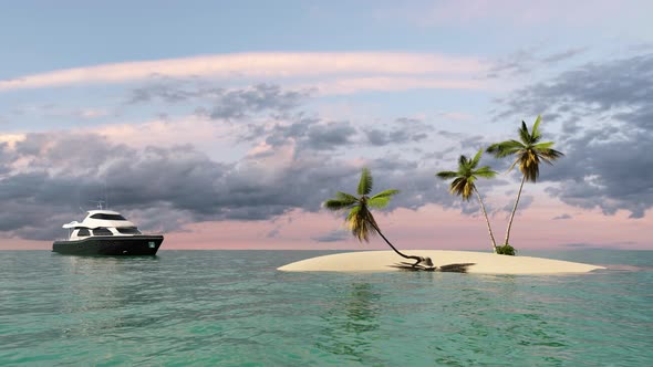 Island in the sea with palm trees and a yacht on the waves.