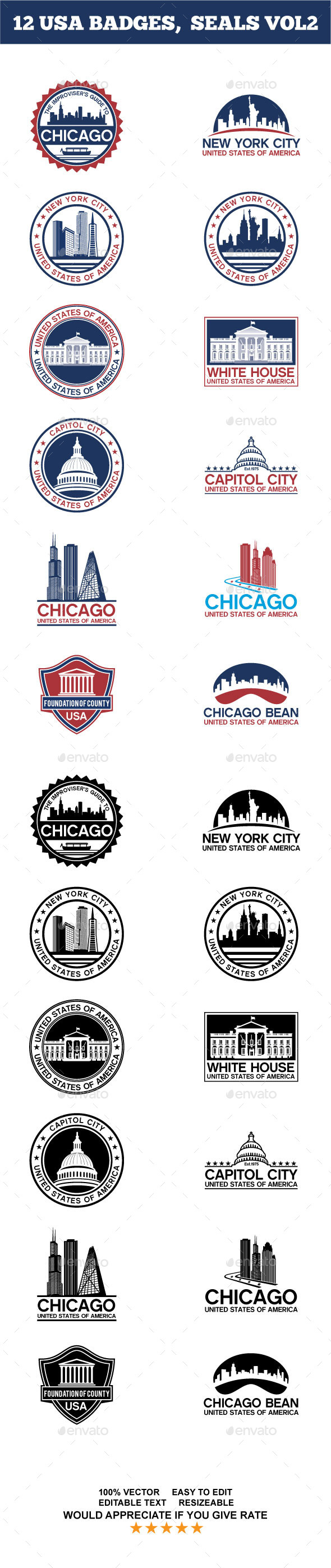 12 USA BADGES, SEALS VOL2 - Badges & Stickers Web Elements