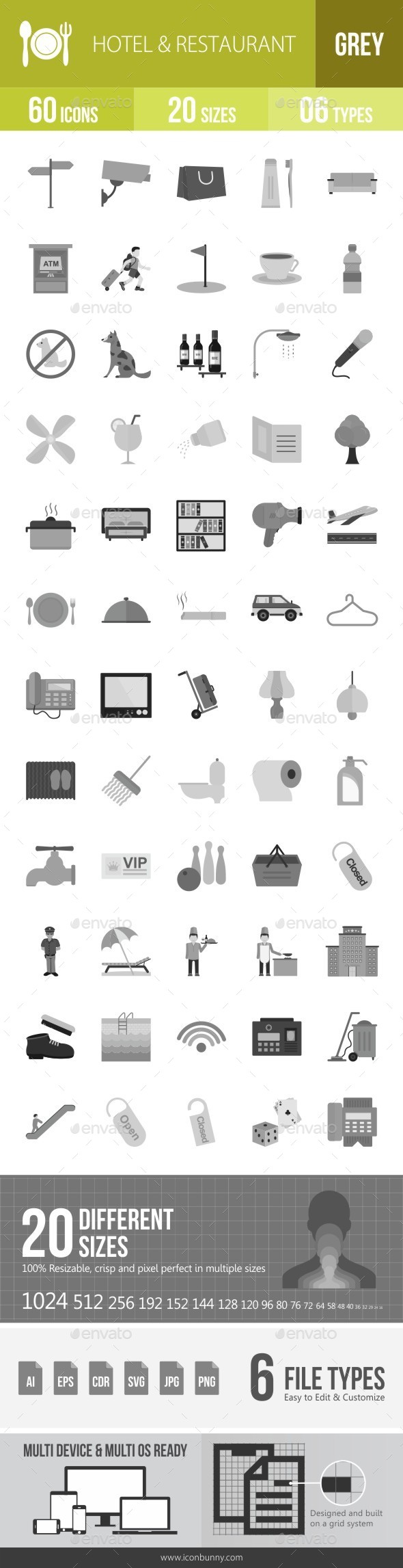 Hotel & Restaurant Greyscale Icons - Icons