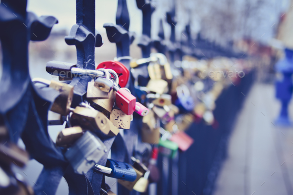 Locks of lovers on the fence on Staromestska side of Vltava near - Stock Photo - Images