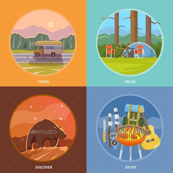 Square Flat Camping Illustrations - Travel Conceptual
