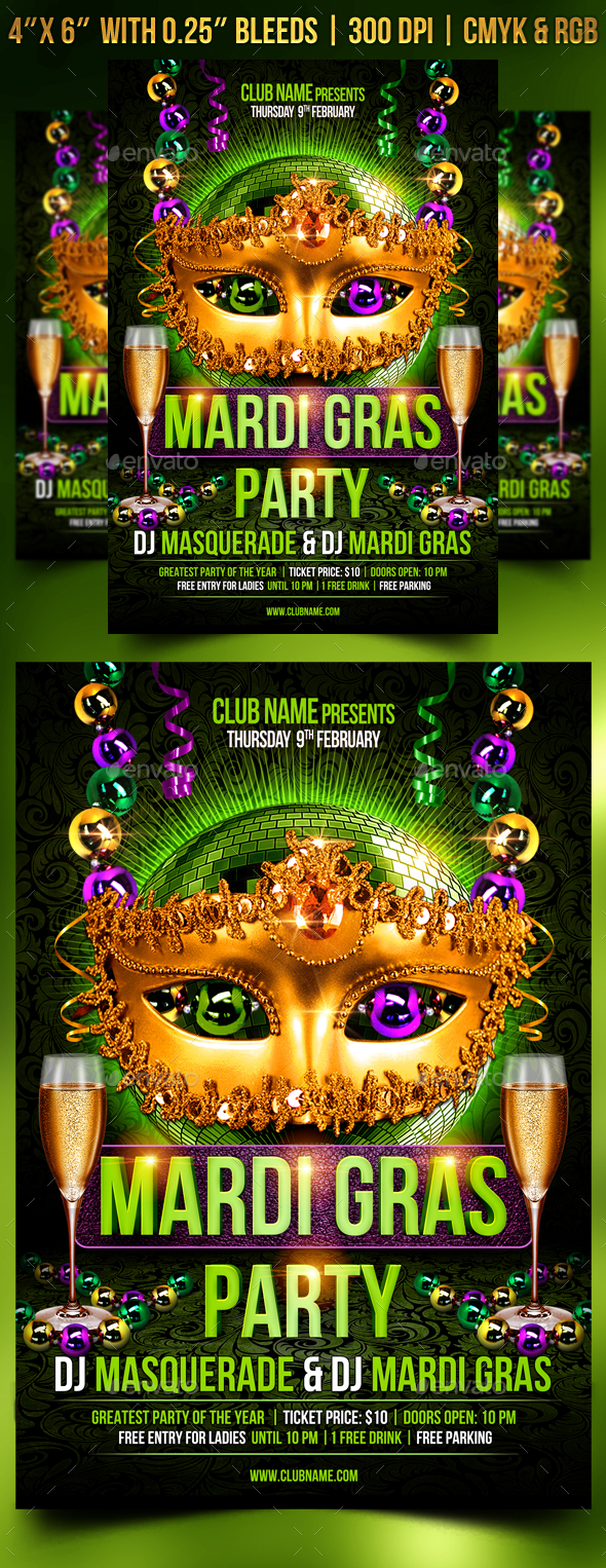Mardi Gras Party Flyer Template - Clubs & Parties Events