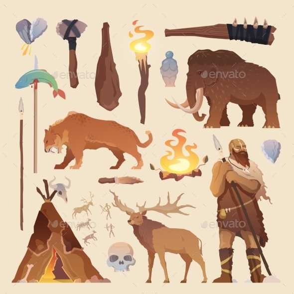 Primitive Man Stone Age Elements - Animals Characters
