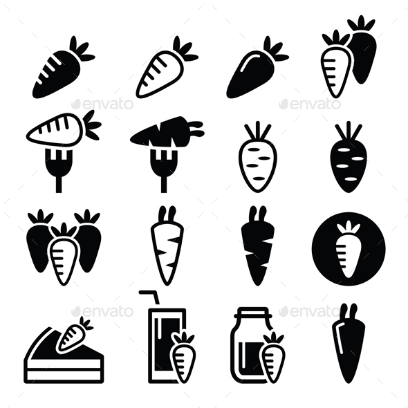 Carrot, Carrot Meals - Cake, Juice Vector Icons Set - Food Objects