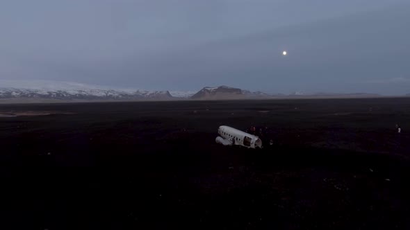 Iceland, aerial view of airplane wreck at Solheimasandur at dusk