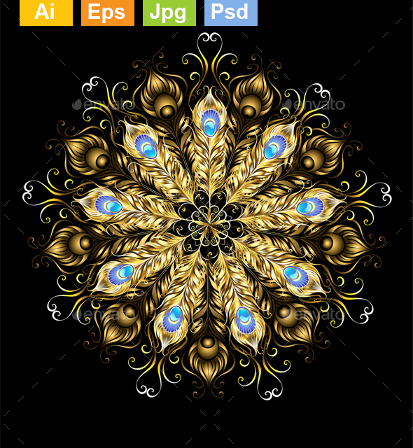 Mandala of the Golden Peacock Feathers - Abstract Conceptual