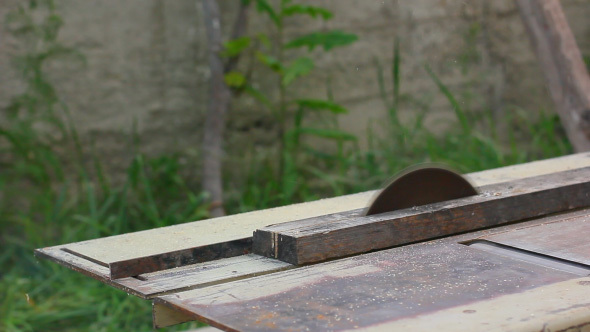 Circular Saw Working And Sawing Timber Board