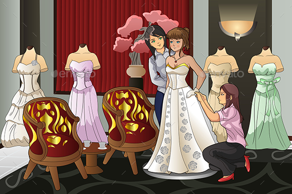 Bride Fitting Her Wedding Gown - People Characters