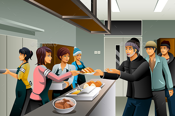 Volunteers Serving Food to Homeless People - People Characters