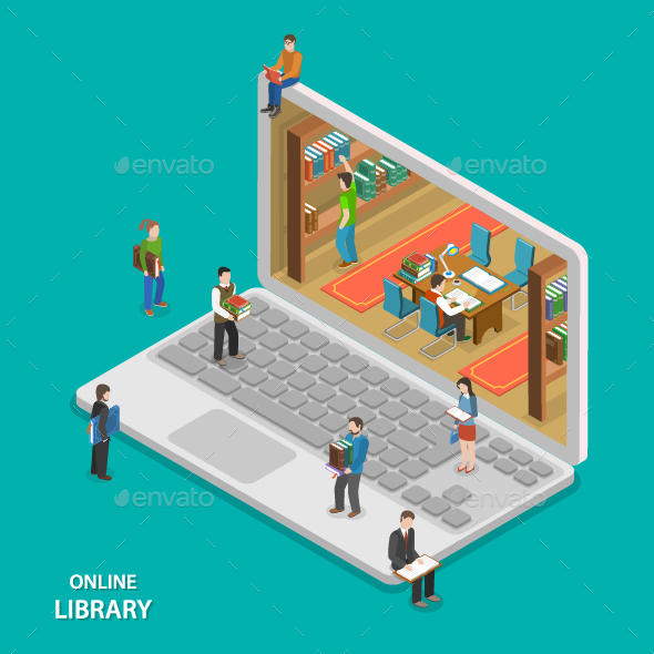 Online Library Flat Isometric Vector Concept. - Computers Technology