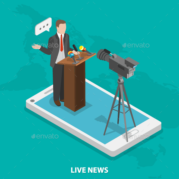 Live News Flat Isometric Concept - Media Technology