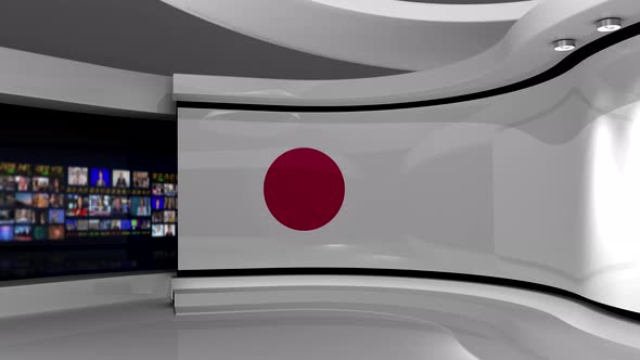 TV studio. Japanese flag background.