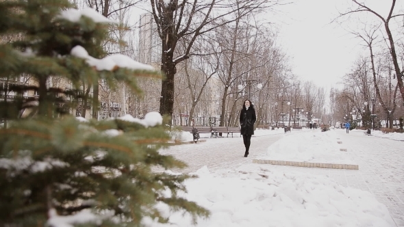 Beautiful Young Woman Is In The Winter Park