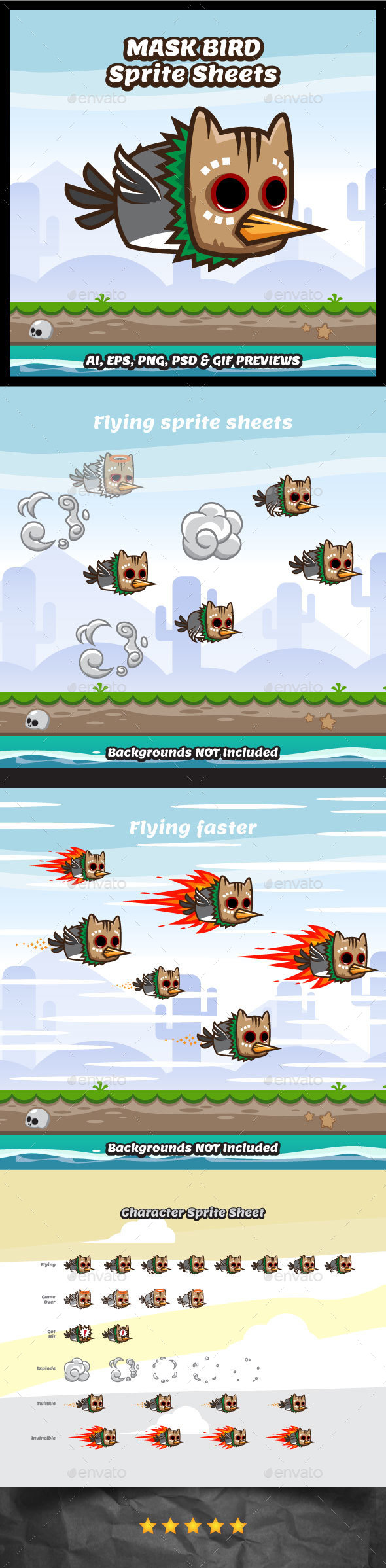 Mask Bird Game Character Sprite Sheets - Sprites Game Assets
