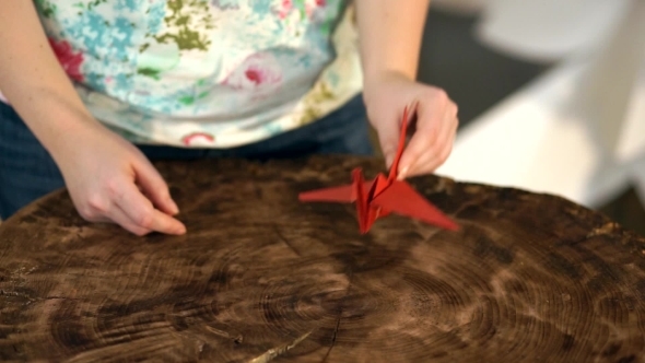 Woman's Hand Puts a Paper Crane On The Table. 