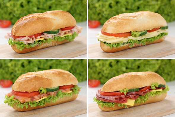 Collection of sub deli sandwiches baguettes with ham, salami and cheese