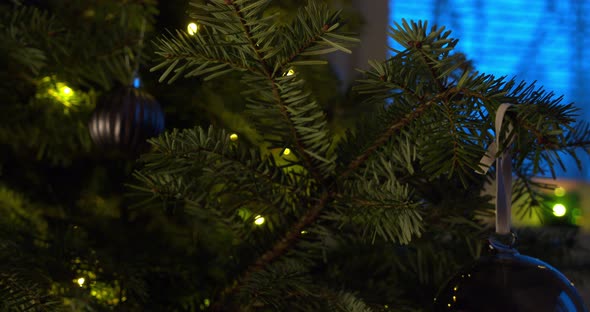 Vintage ornaments hanging on the Christmas tree surrounded by pine needles. Closeup alt