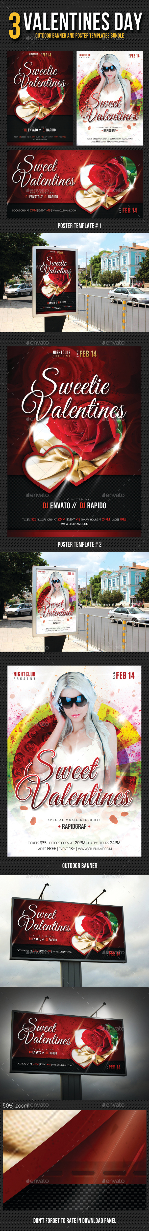 3 in 1 Valentines Day Posters and Banner Bundle - Signage Print Templates