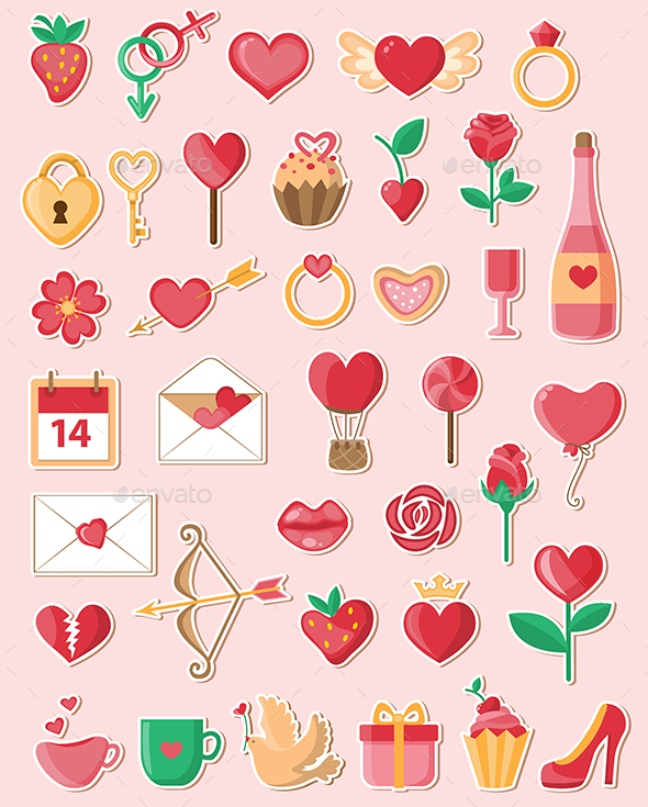 Valentine Icons in a Flat Style - Valentines Seasons/Holidays