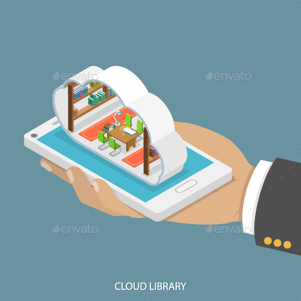 Cloud Library Flat Isometric Concept - Computers Technology