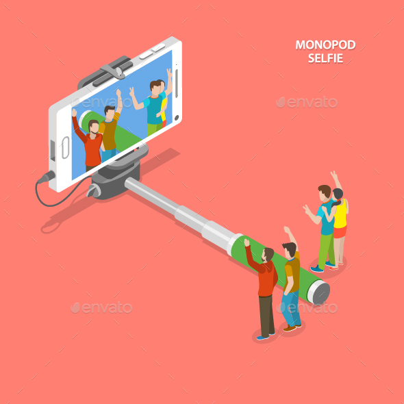 Selfie Monopod Isometric Flat Vector Concept - Media Technology