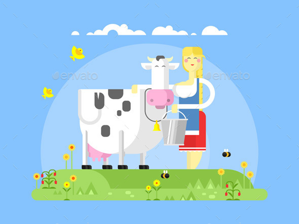 Cartoon Character Cow And Milkmaid - People Characters