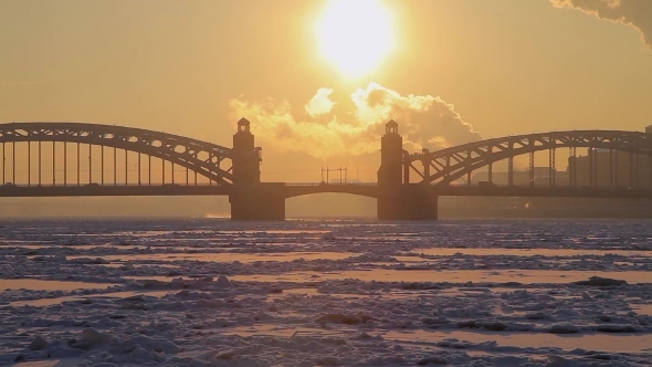 Road Bridge Over The Frozen River In Winter