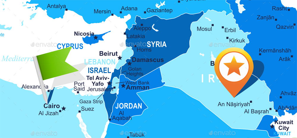 Middle East And Asia Map With Navigation Icons By Dikobrazik 